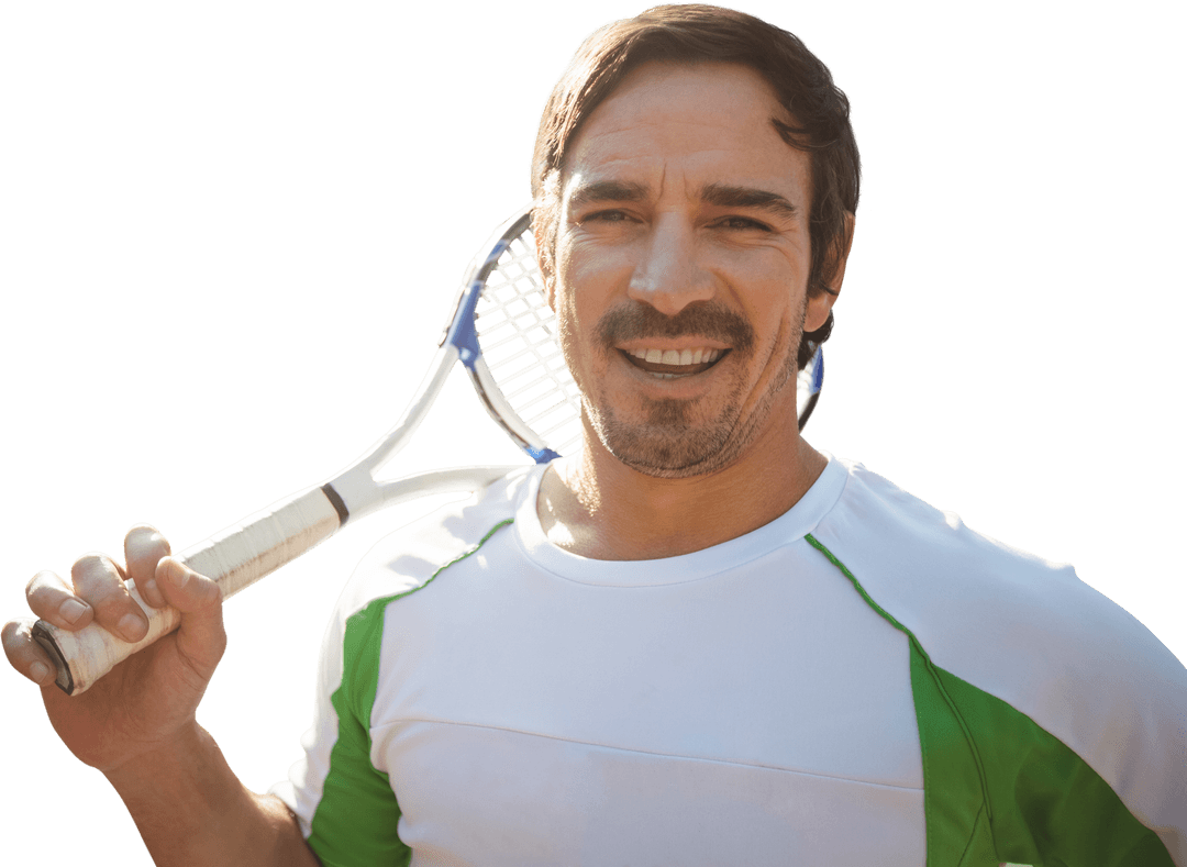 Happy Latino Tennis Player Holding Racket Transparent Background