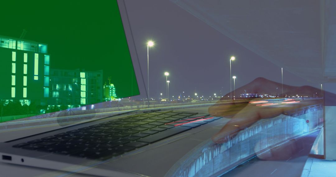 Digital Workplace Concept with Laptop and Fast City Traffic