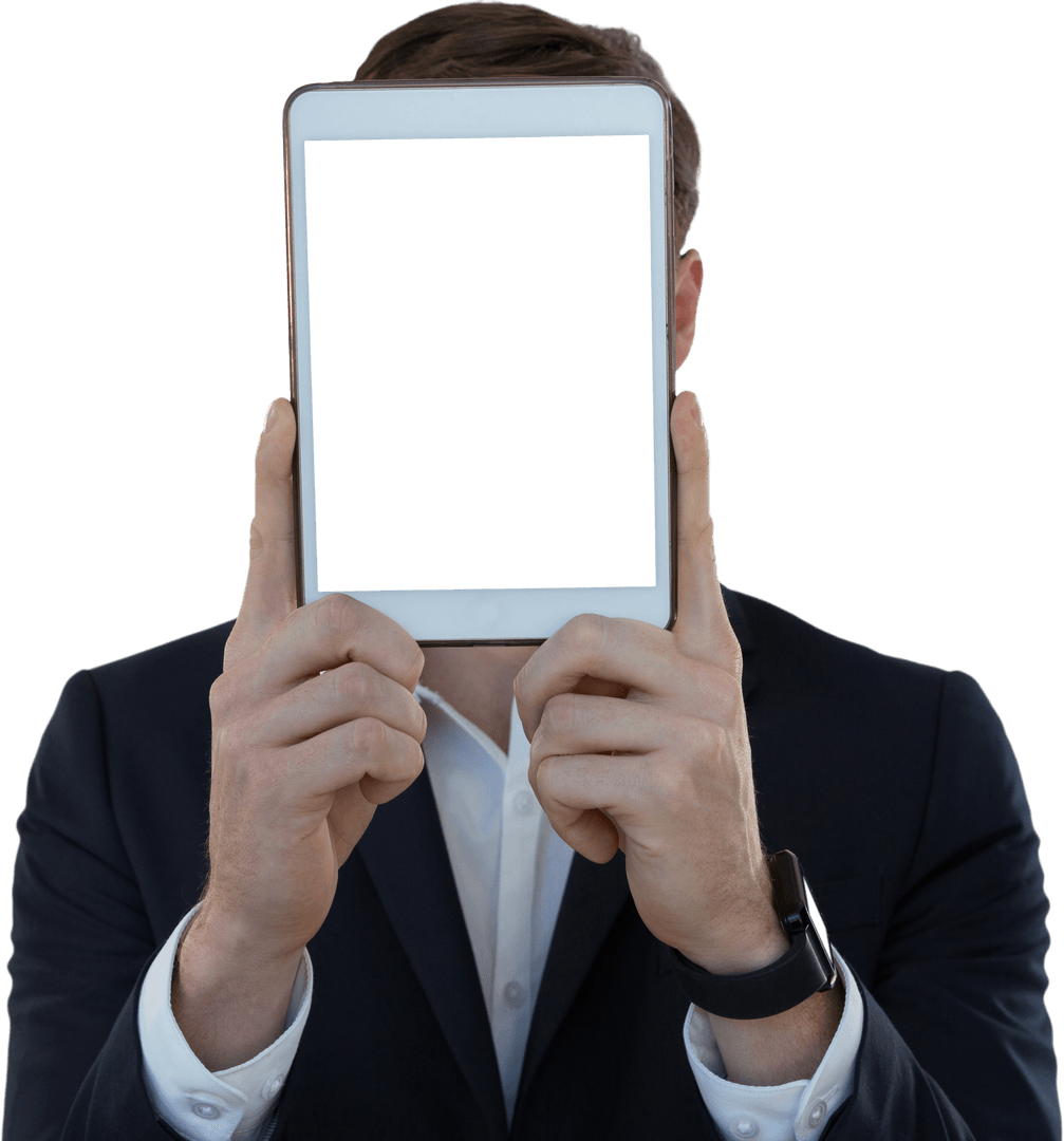 Businessman in Suit Hiding Face with Transparent Tablet