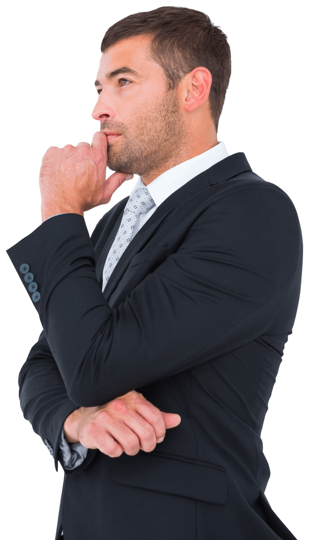 Pensive Caucasian Businessman on Transparent Background Conceptual