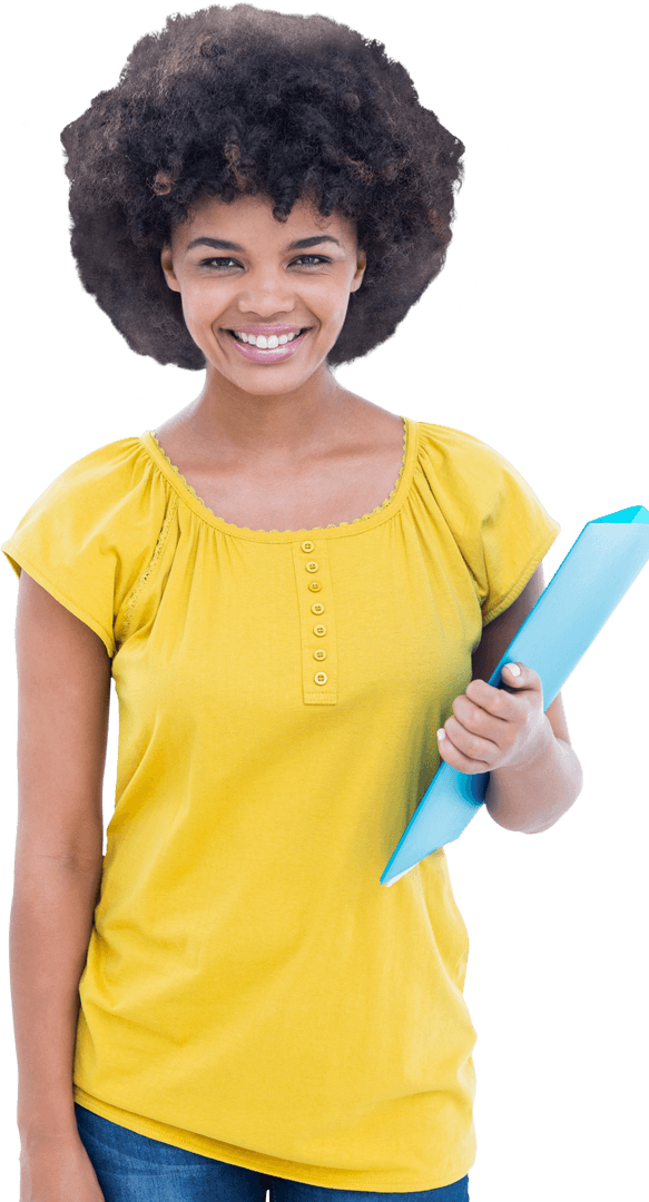 Smiling Biracial Woman Holding Folder on Transparent Background