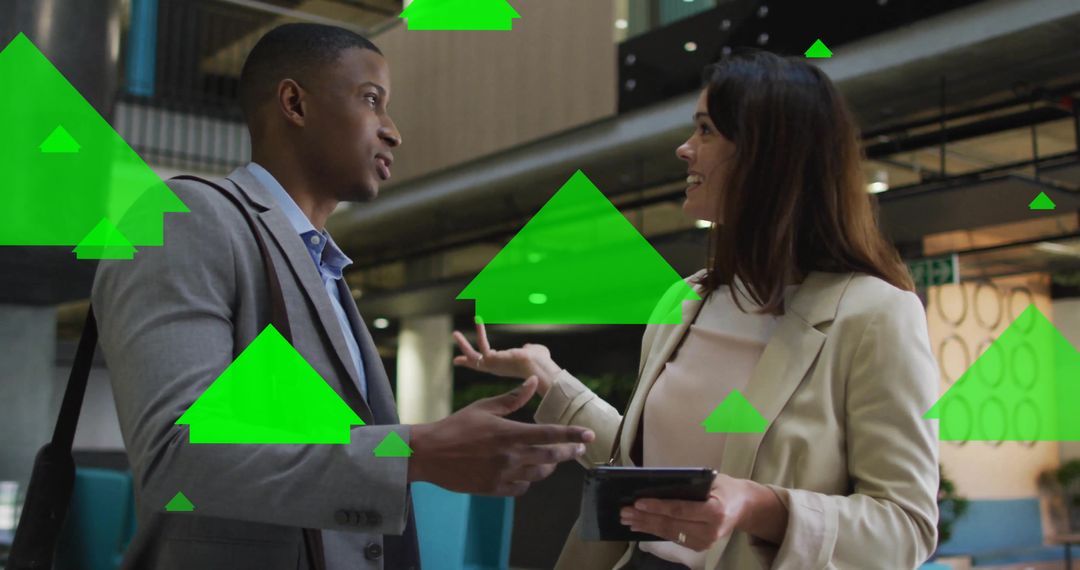 Diverse Business Discussion with Digital Technology Overlay