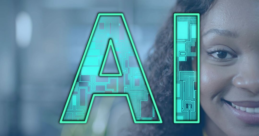 AI Concept Overlaying Professional Woman in Corporate Setting