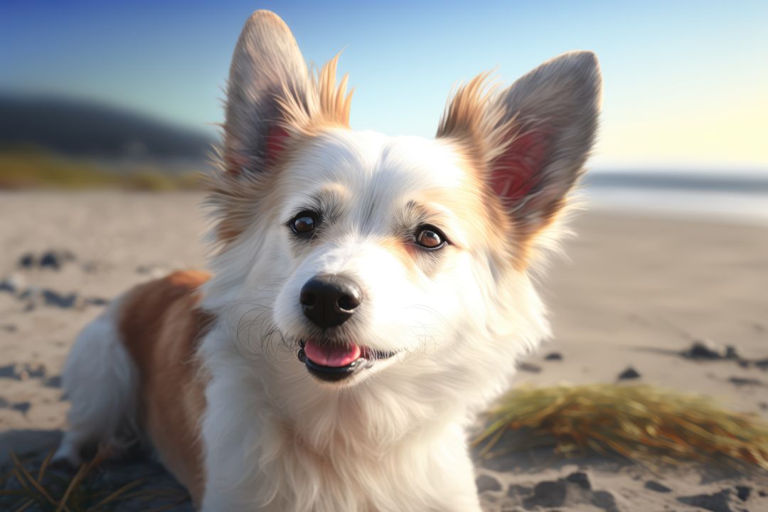 Smiling Corgi Sitting on Sandy Beach with Ocean in Background - Free Images, Stock Photos and Pictures on Pikwizard.com