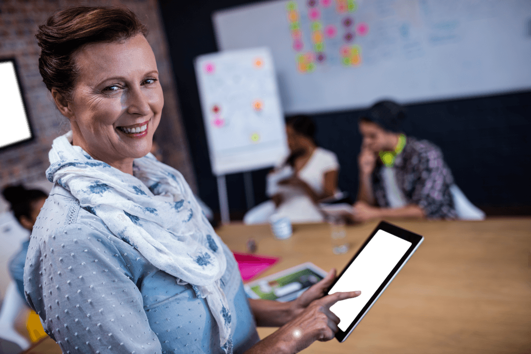 Confident Businesswoman Holding Transparent Tablet in Modern Office