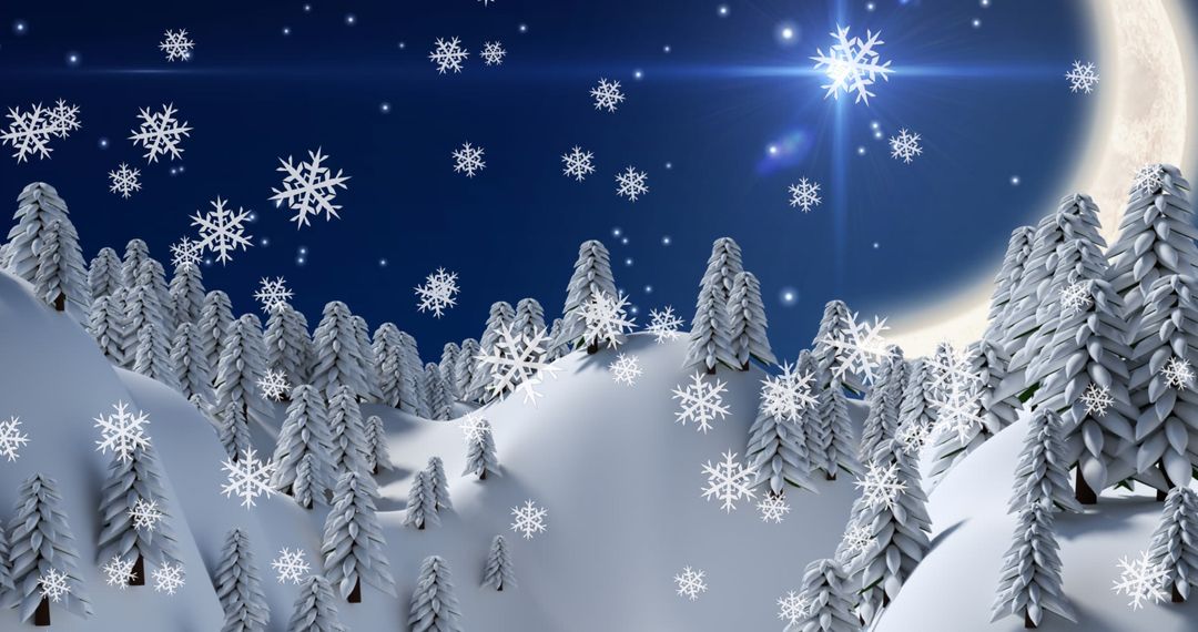 Serene Winter Landscape with Falling Snow and Moonlit Night Sky