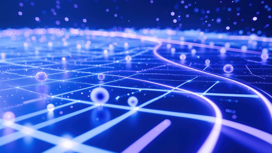 Futuristic Glowing Grid with Luminous Spheres and Light Particles