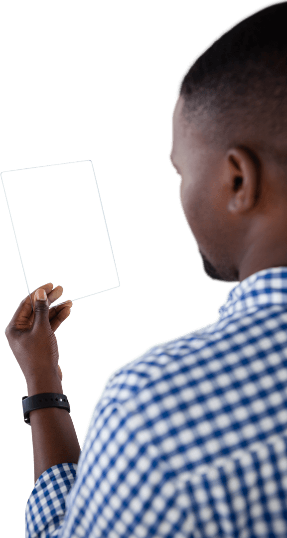 Man Holding Transparent Tablet for Futuristic Concept