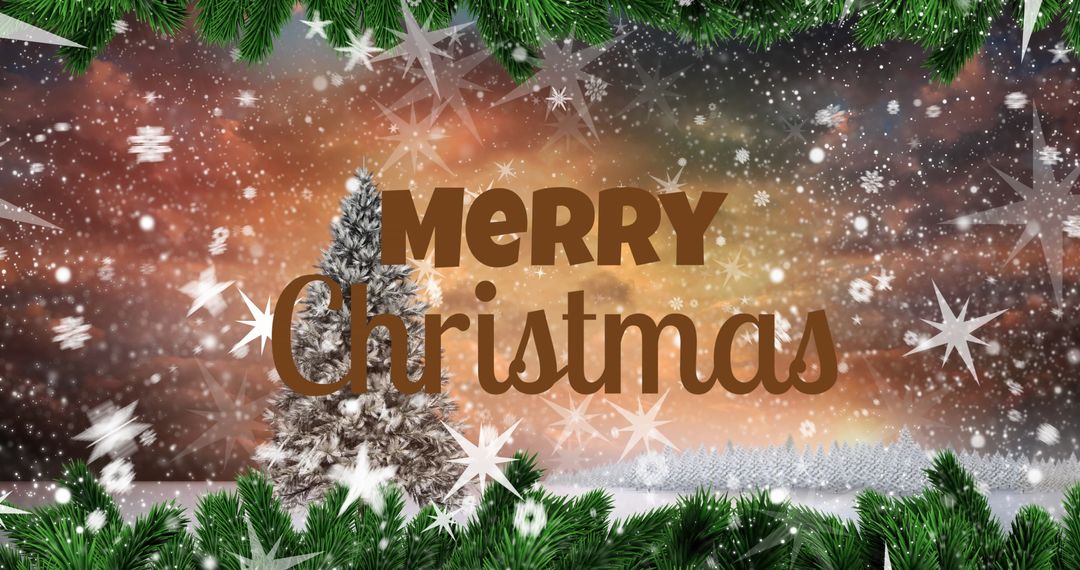 Festive Christmas Greeting with Snowy Pine Tree and Sparkling Lights