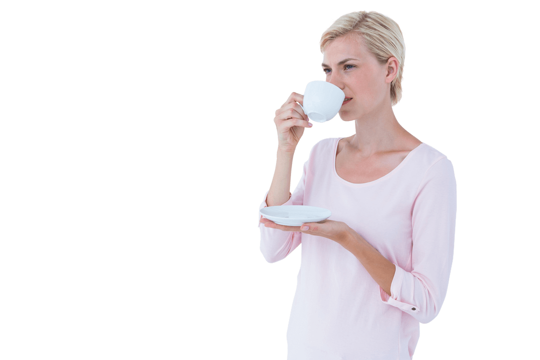 Elegant Woman Enjoying Hot Drink on Transparent Background