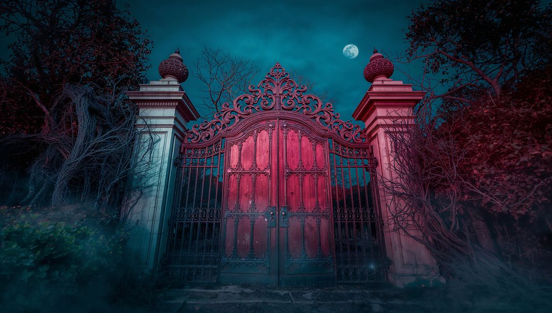 Mysterious Gothic Gate Illuminated Under Moonlit Sky