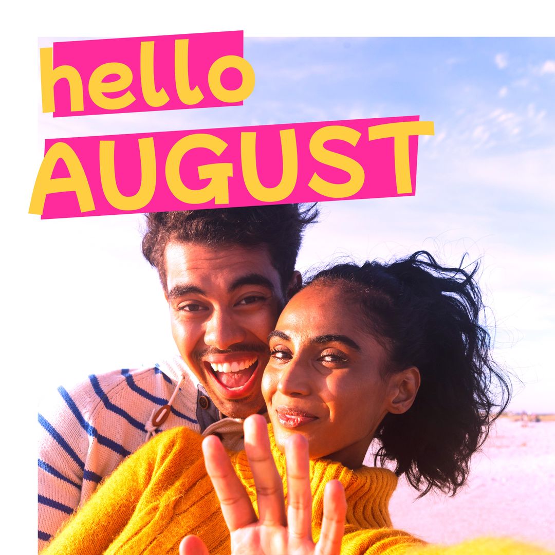 Happy Biracial Couple Holding Hands at Beach in August