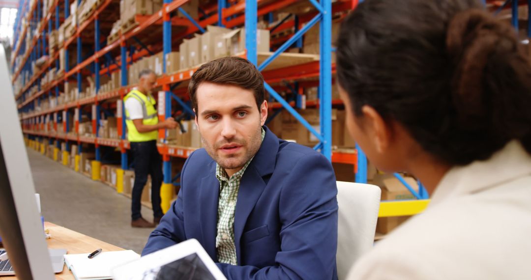 Warehouse Employees Collaborating in Industrial Environment