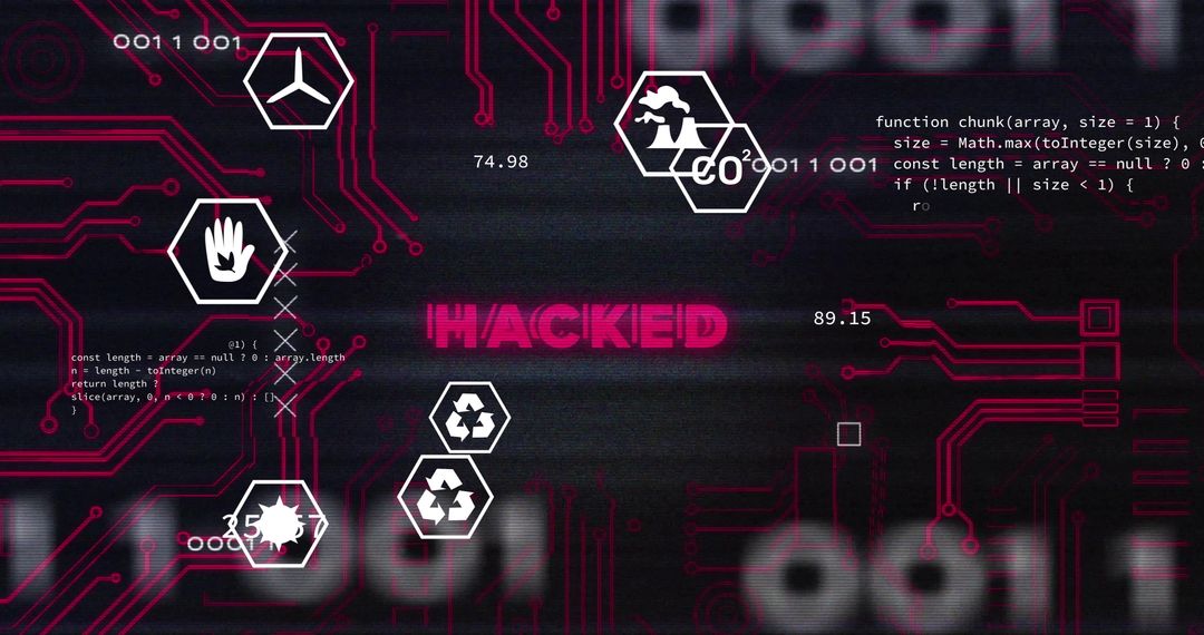 Cybersecurity and Environmental Icons Overlay Hacked Background