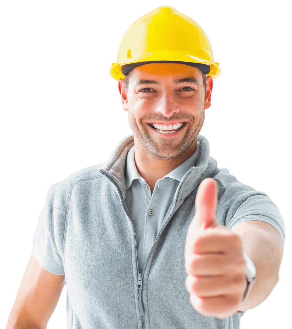 Smiling Construction Worker Giving Thumbs Up on Transparent Background