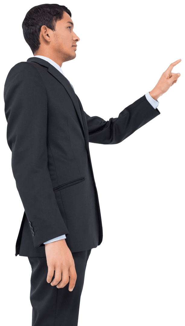 Confident Businessman Pointing Thoughtfully on Transparent Background