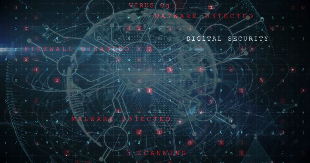Cyber Security Digital Data Visualization with Warning Text Overlay