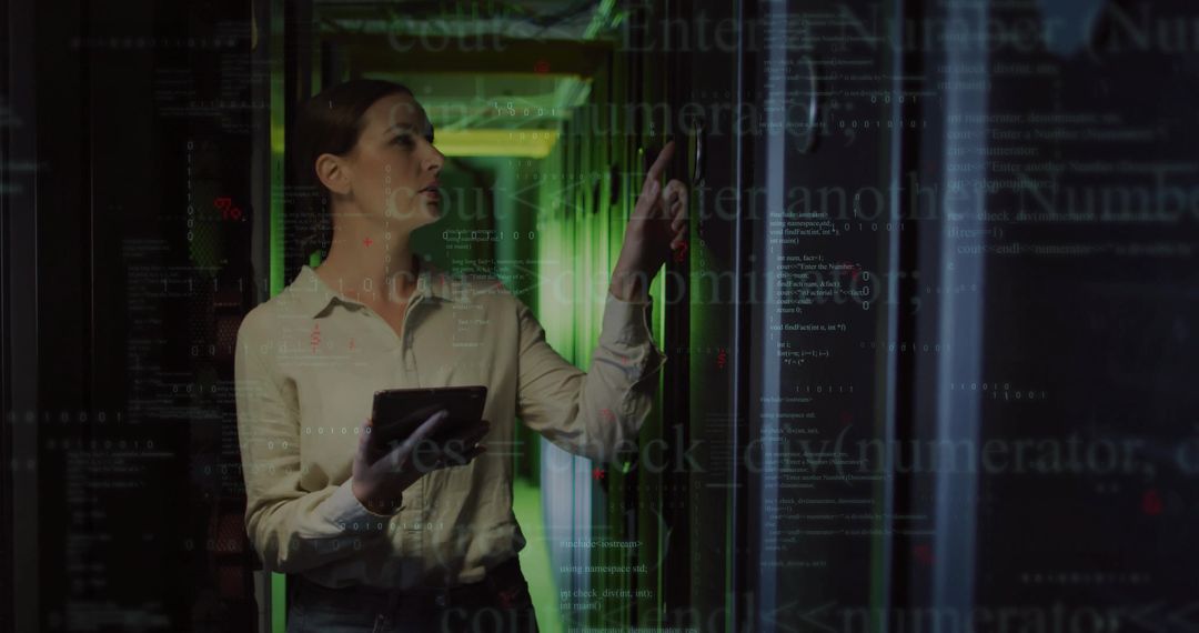 IT technician diagnosing server rack with tablet in green-lit datacenter with code overlay