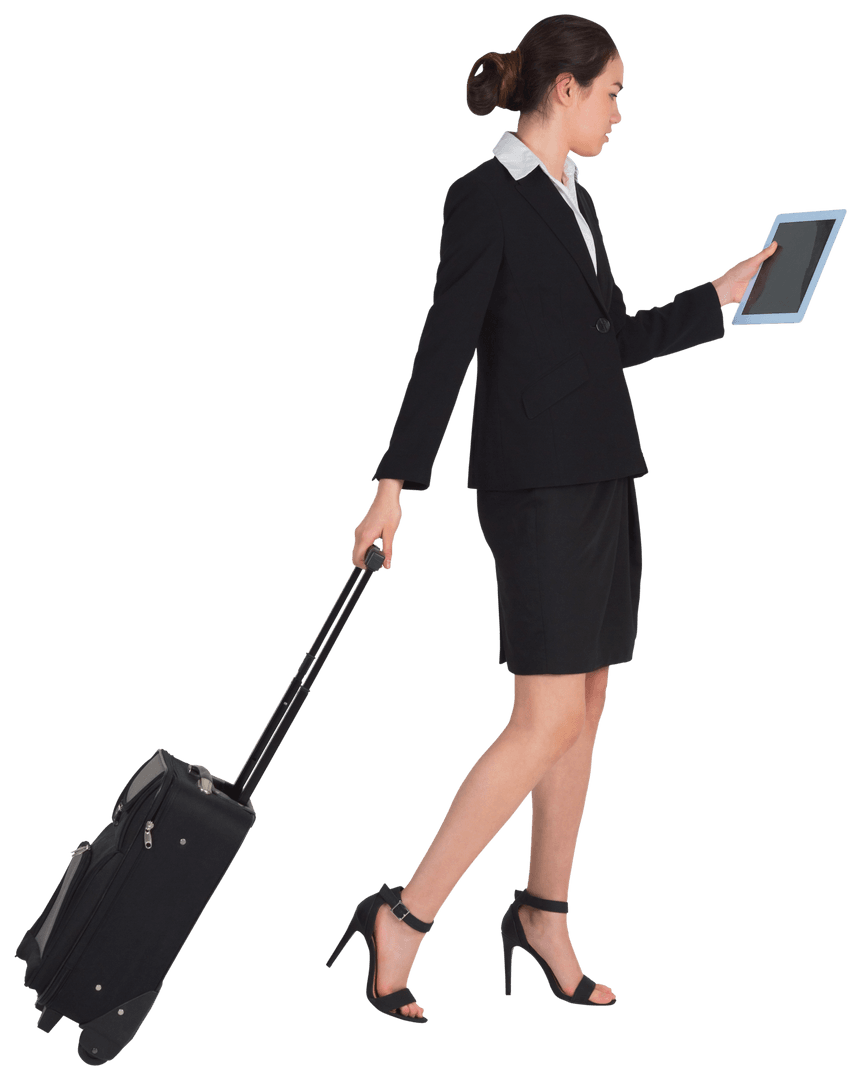 Businesswoman in Formal Attire with Tablet and Suitcase Transparent Background