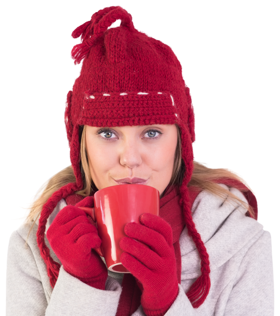 Woman Sipping Hot Drink Winter Clothes Red Hat Transparent Item - Download Free Stock Images Pikwizard.com