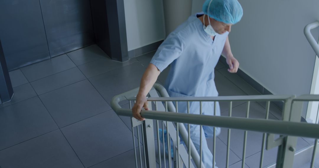 Doctor in Scrubs Climbing Stairs in Hospital Corridor - Free Images, Stock Photos and Pictures on Pikwizard.com