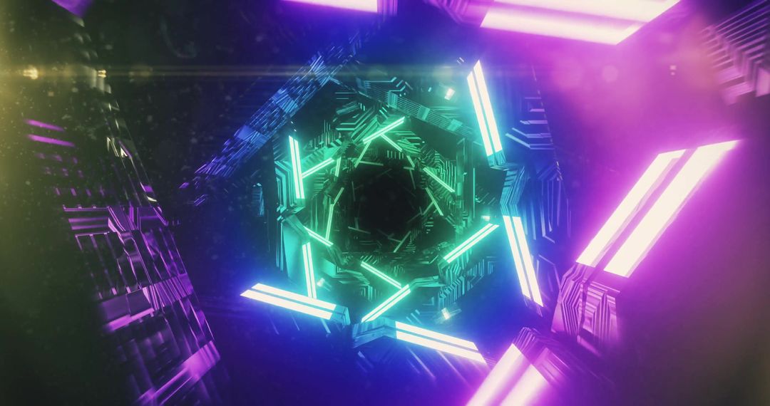 Glowing Neon Tunnel with Spinning Light Shapes