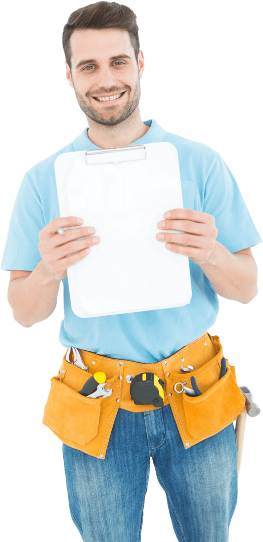 Smiling Construction Worker Holding Blank Clipboard on Transparent Background