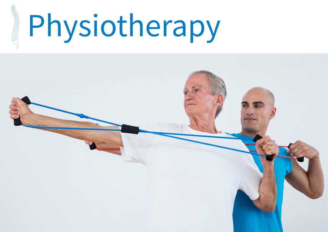 Elderly Man Assisted by Physiotherapist during Resistance Exercise