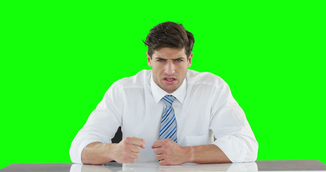 Frustrated Businessman Clenching Fists at Desk with Green Screen Background - Free Images, Stock Photos and Pictures on Pikwizard.com