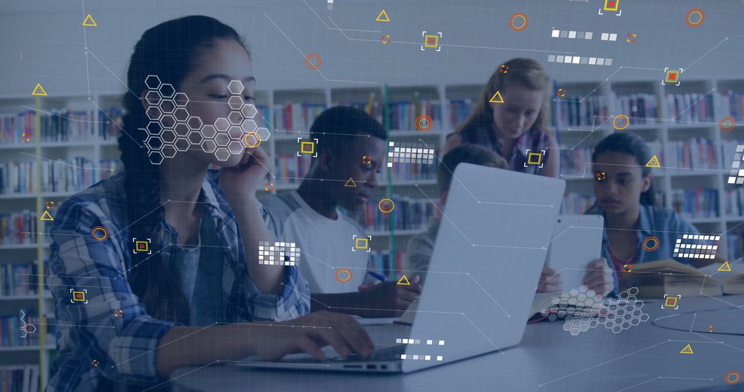 Students Collaborating with Technology in Library