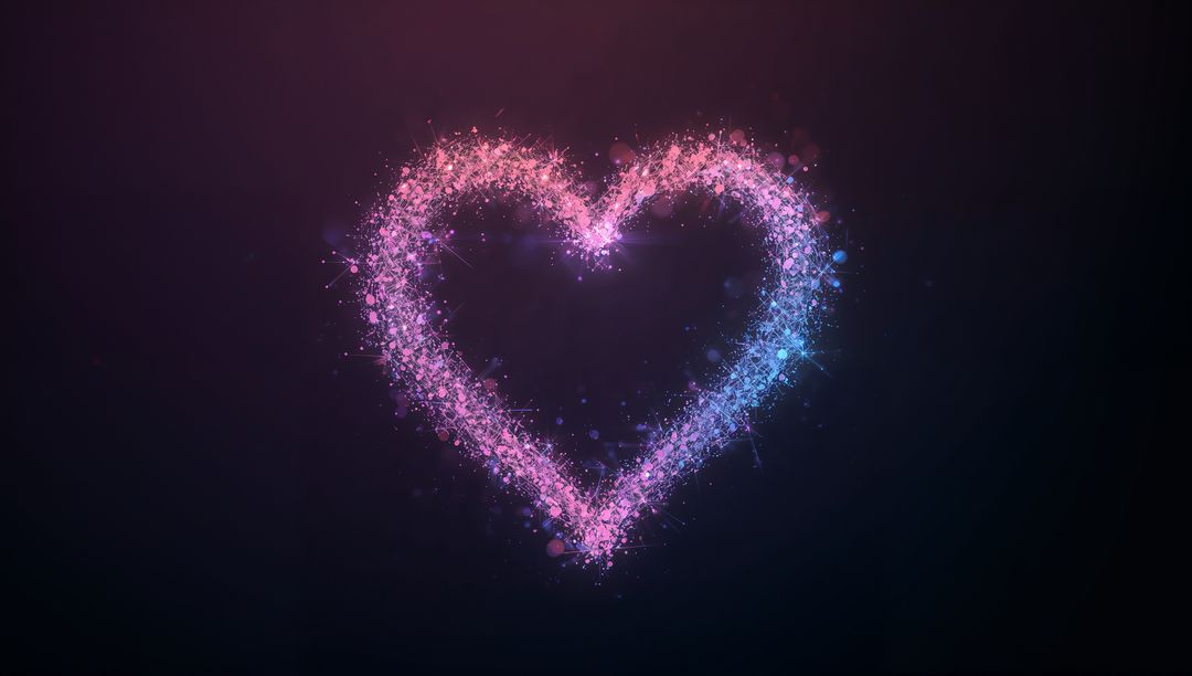 Glowing Heart Composed of Pink and Blue Sparkling Particles Floating on Dark Gradient