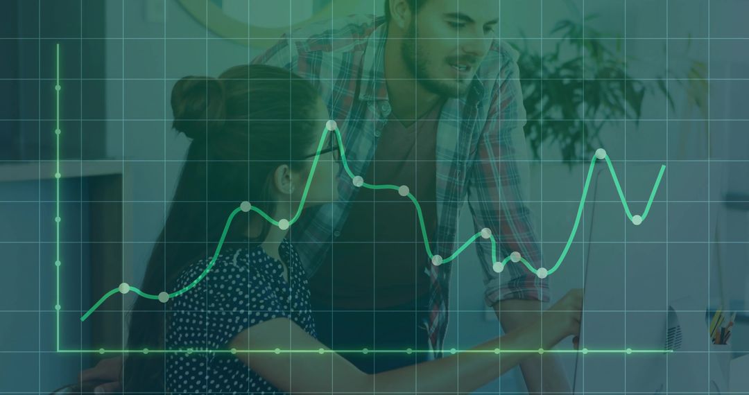 Team Discussing Data Insights in Modern Office with Graph Overlay