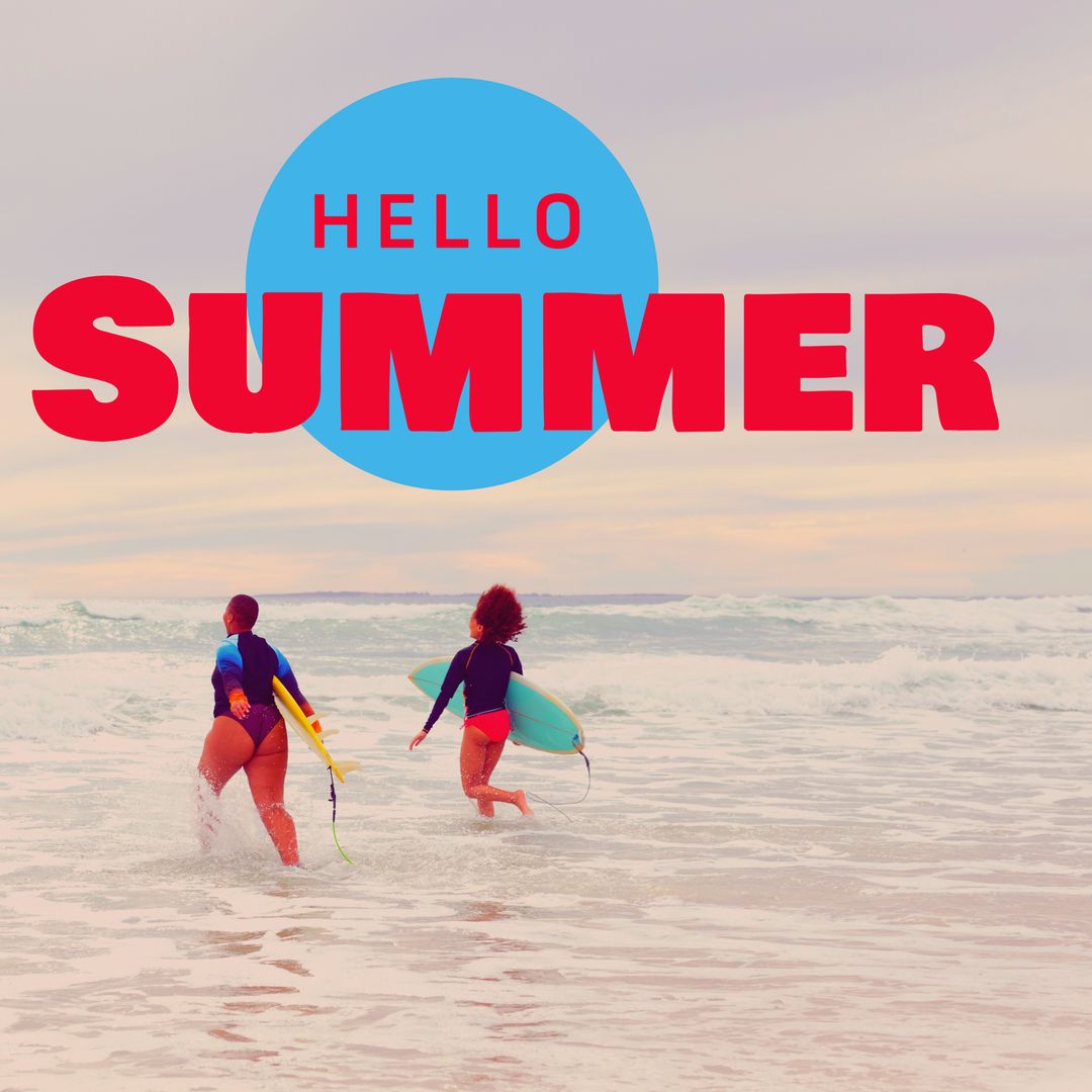 Joyful Friends Running with Surfboards in Ocean