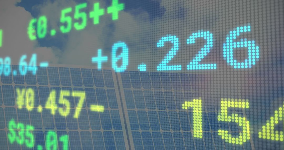 Financial Data Overlaid on Solar Panel Symbolizing Energy Markets