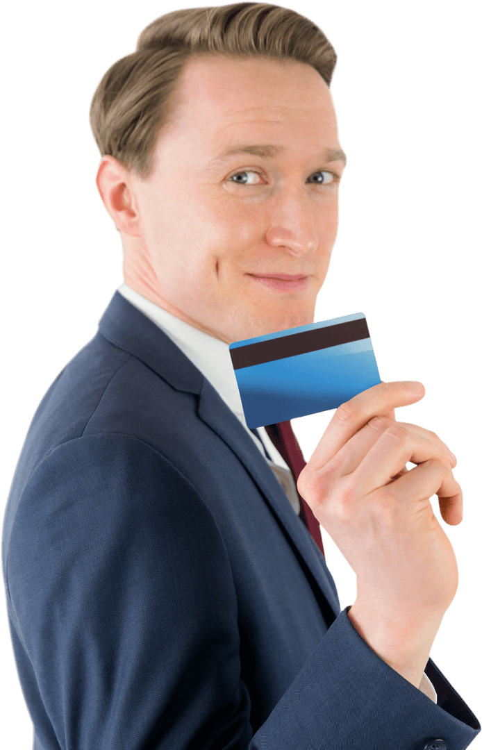 Transparent Businessman Displaying Credit Card with Confidence