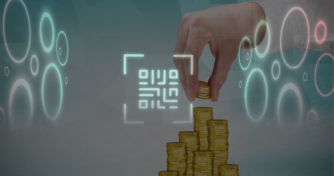 Hand Stacks Coins with QR Code and Digital Tech Background