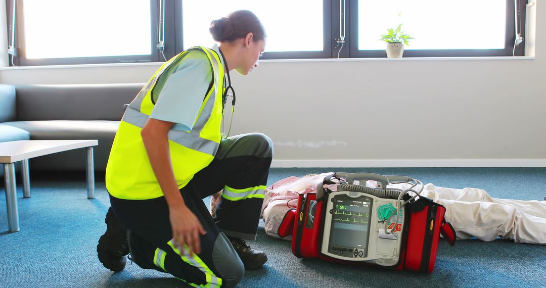 Paramedic Reviving Patient with Defibrillator in Office Setting - Free Images, Stock Photos and Pictures on Pikwizard.com