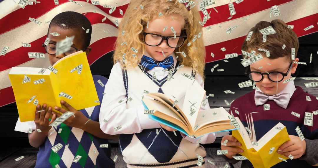 Children Reading Books with Falling Money and American Flag