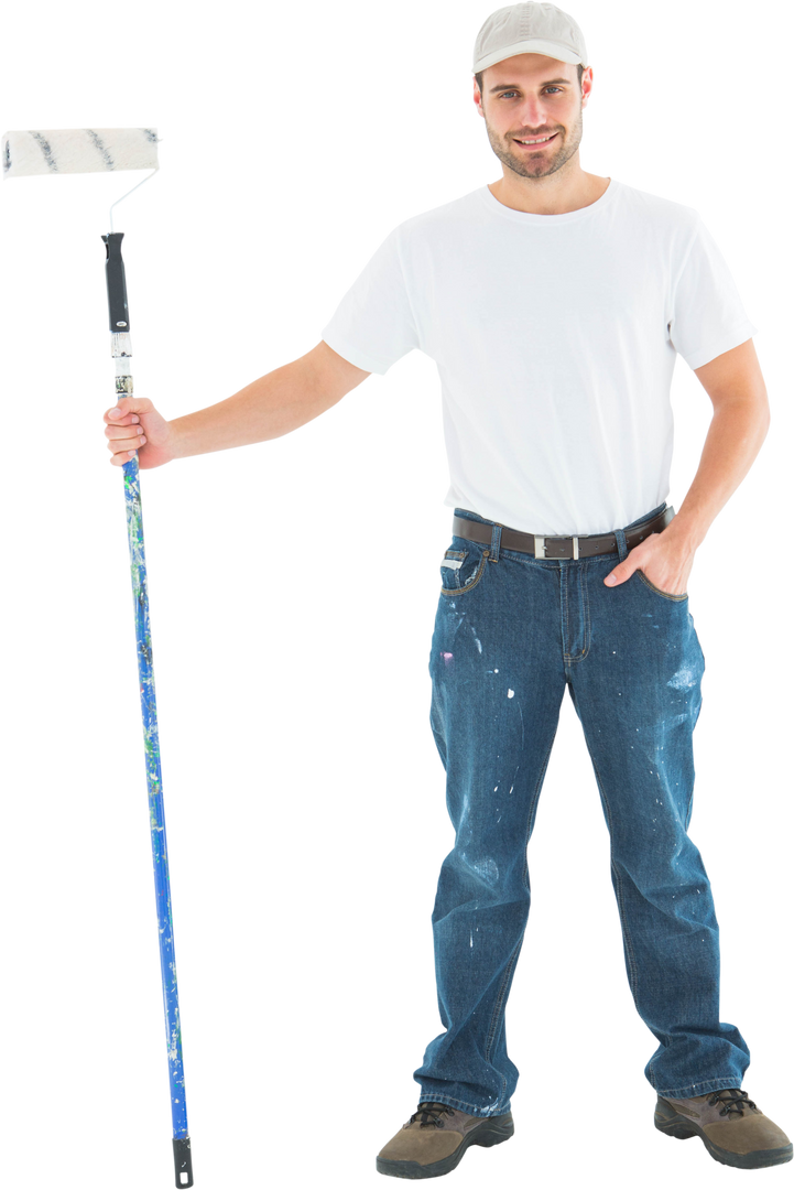 Confident Man Holding Paint Roller in Casual Clothes - Transparent Background - Download Free Stock Images Pikwizard.com