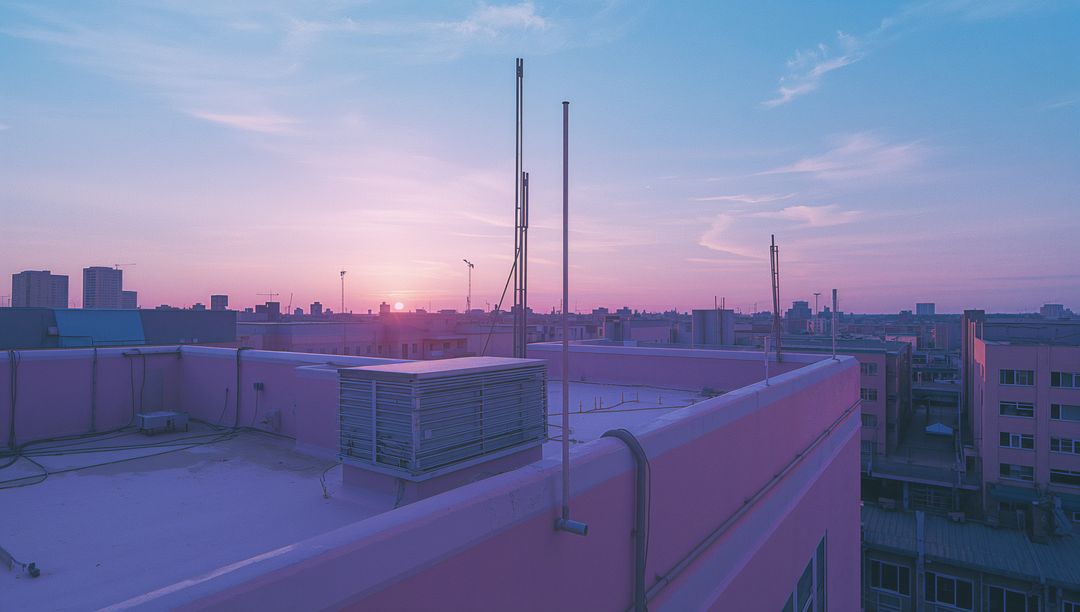 Urban Rooftop Scenery with Air-Handling Unit at Sunset