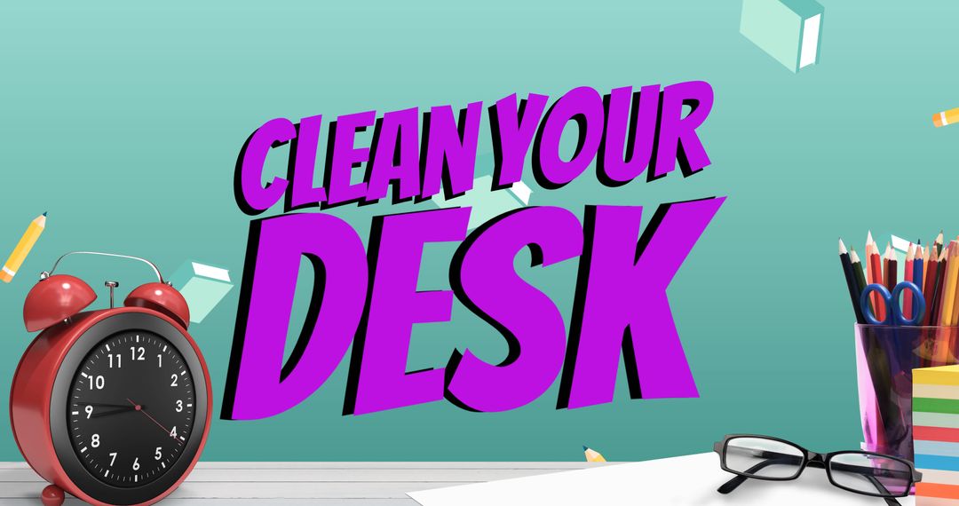 Clean Your Desk Day Reminder with Clock and Office Supplies