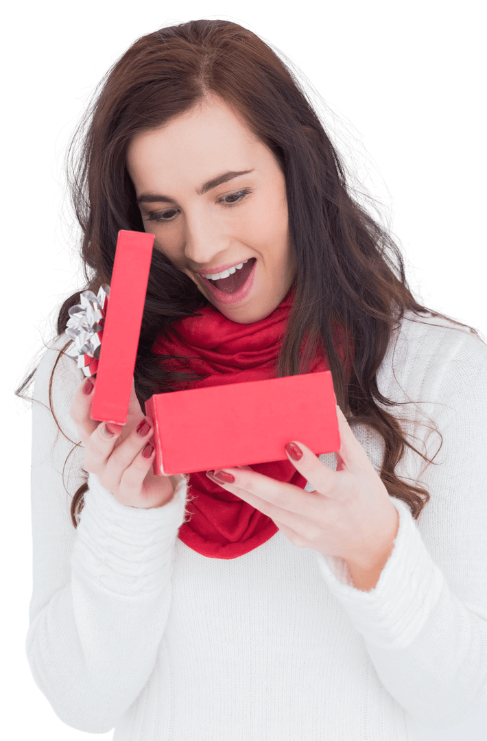 Surprised Brunette Opening Red Gift Box with Delight