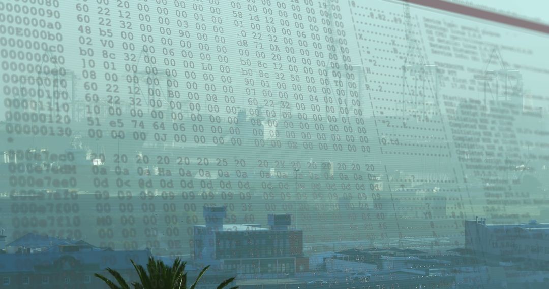 Overlay of Binary Code on Urban Skyline Seamlessly Merges Innovation