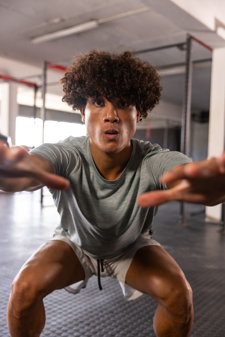 Focused Man Squatting in High-Energy Gym Environment