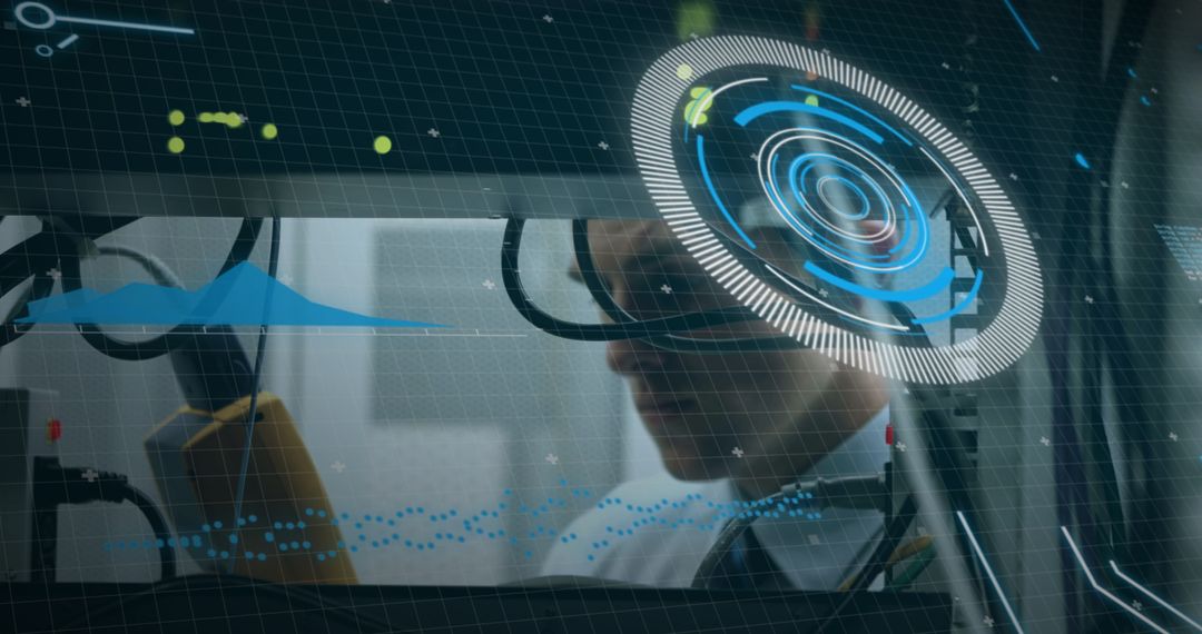 Engineer Analyzing Data Interface with Digital Screen Overlay