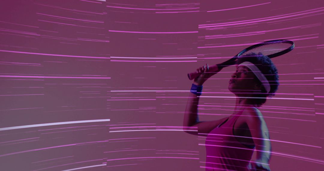 Energetic Female Tennis Player with Racket in Futuristic Setting
