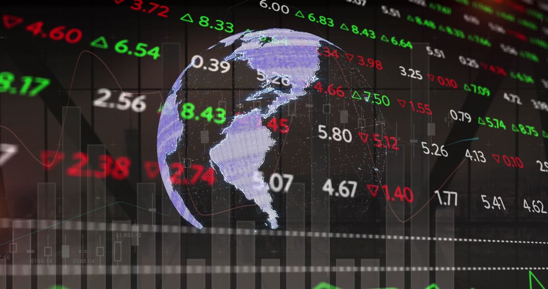 Globe with Financial Data Overlapping Cityscape Digital Background