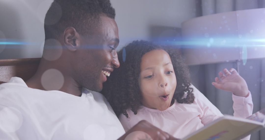 Father Reading Storybook to Excited Daughter In Magical Atmosphere