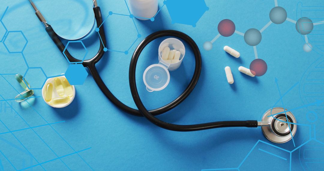 Digital Health Interface with Stethoscope and Pills on Blue Background