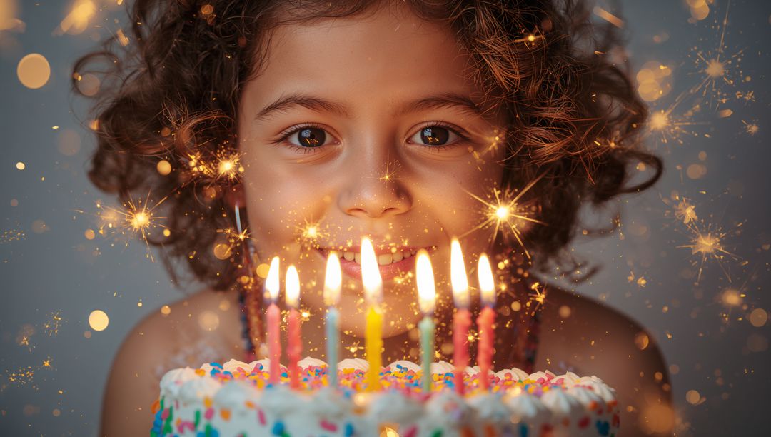 Curly Child Celebrating Birthday with Lit Candles, Colorful Sprinkles and Sparkling Bokeh
